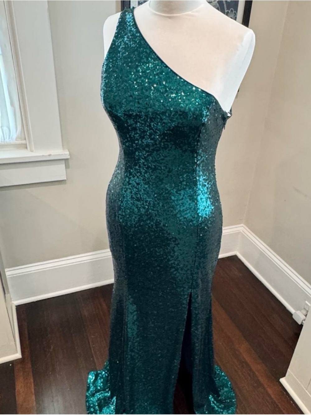 Lulu's Teal One-Shoulder Sequin Gown